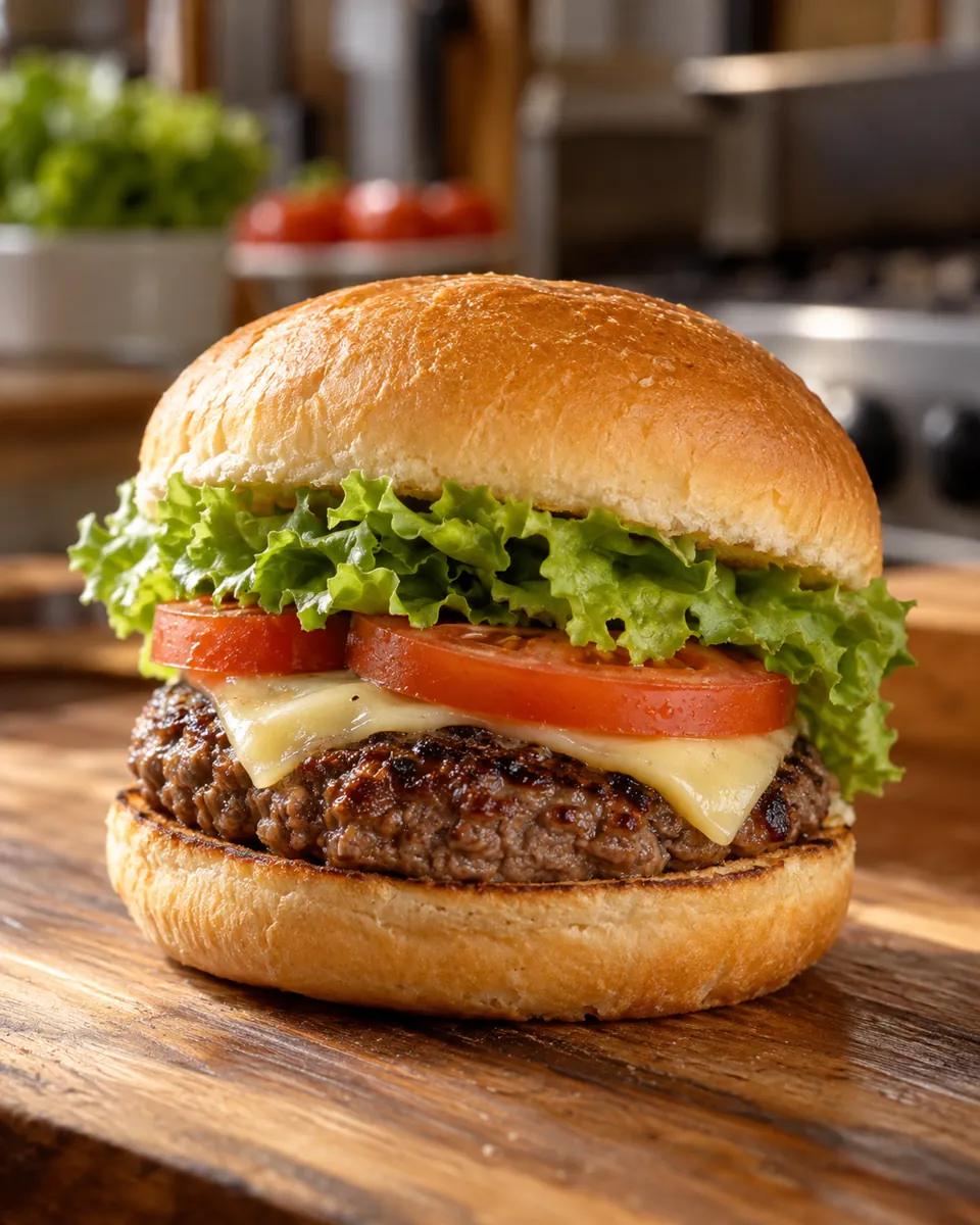 Hamburguesa con carne, queso, lechuga y tomate