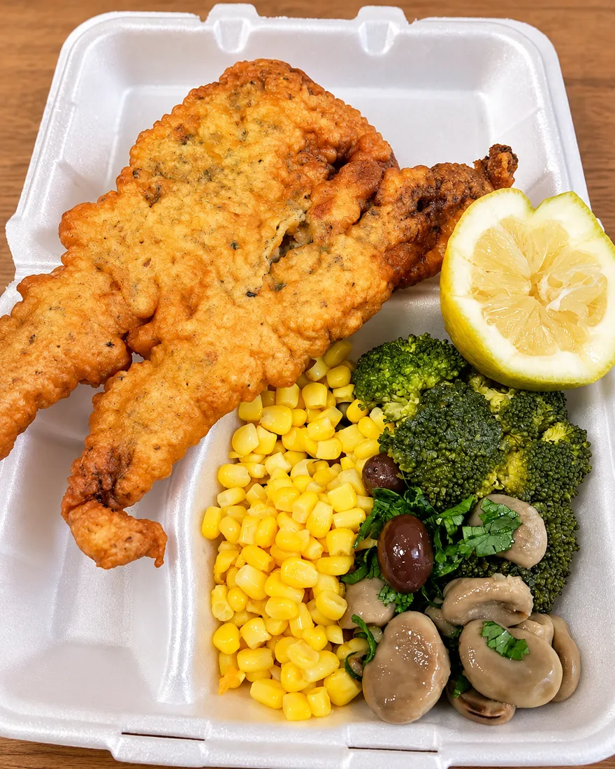Pescado frito con limón, choclo, brócoli, aceitunas y champiñones