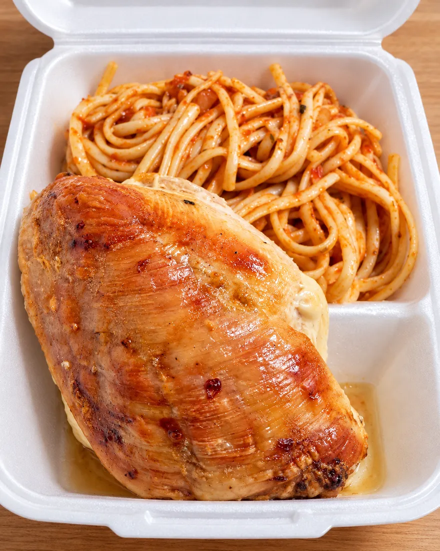 Pollo al horno acompañado de tallarines